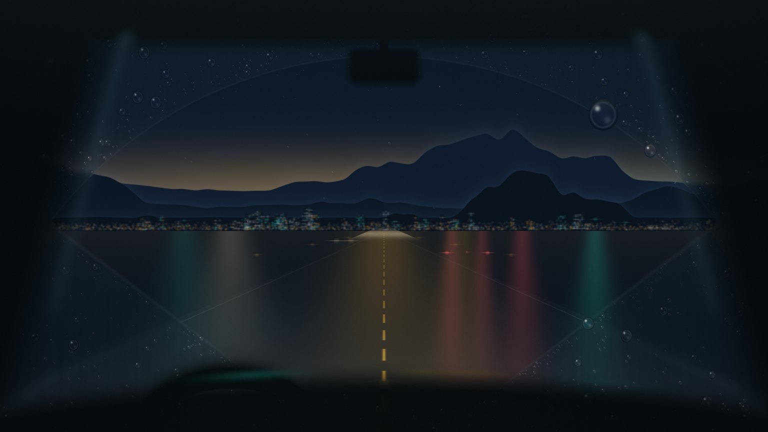 Night skyline and an open road seen through a freshly wiped windshield — rain-beaded at the edges, crystal clear through the wiper's sweep